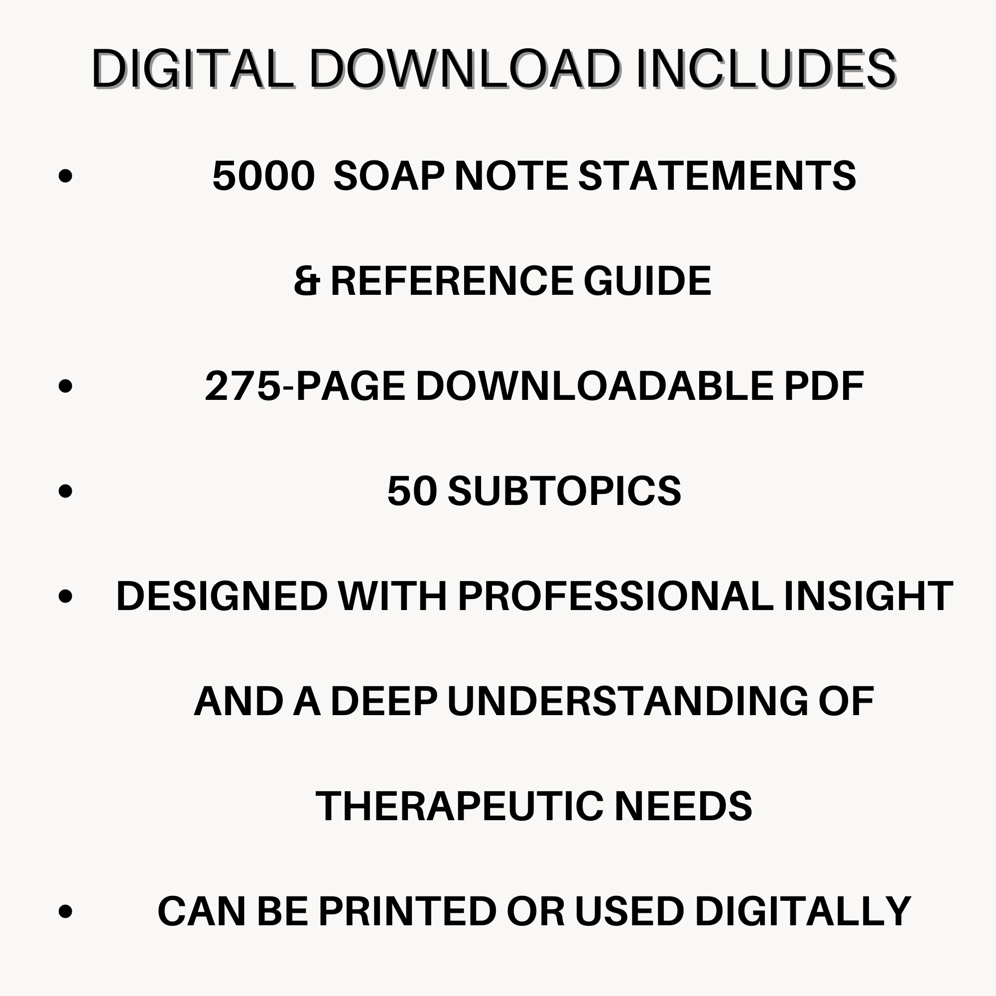 5,000 soap note statements for therapists SOAP note statements contents — 5000 phrases 275 pages 1 PDF file instant digital download