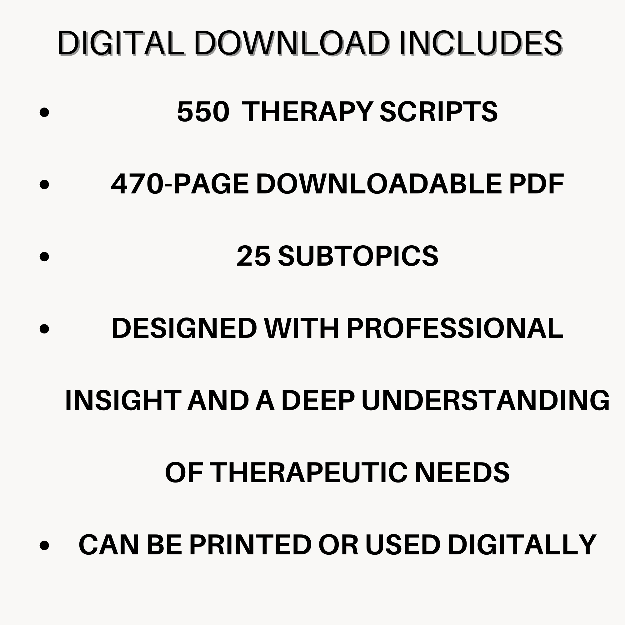 550 therapy scripts for therapists Therapy scripts bundle contents — 550 scripts 470 pages 3 PDF files instant digital download
