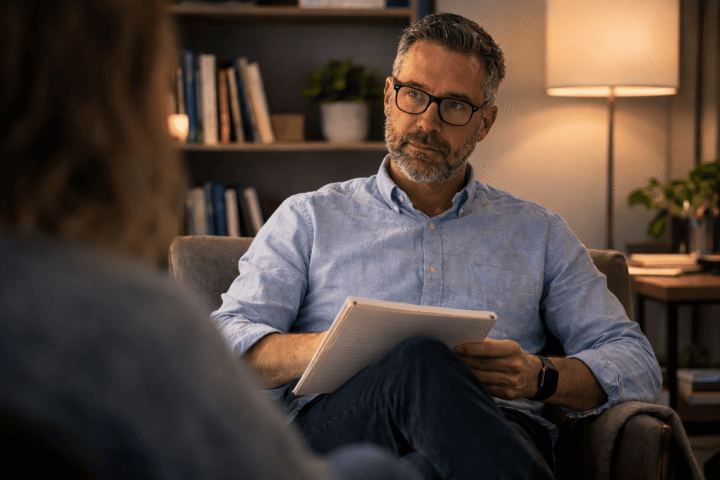 Therapist holding therapeutic script during a client session in a professional office